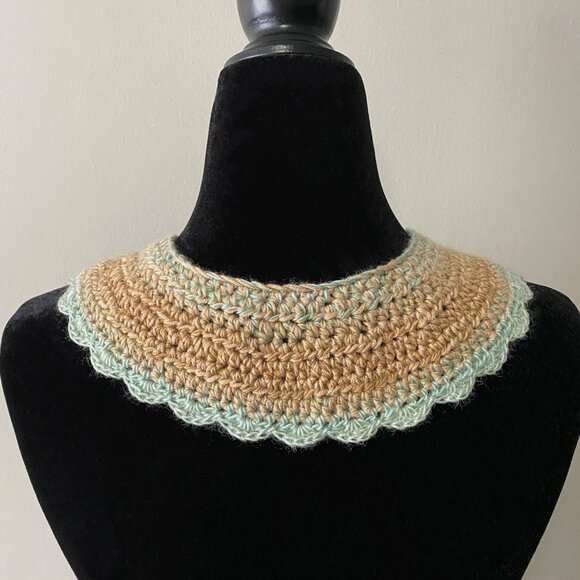 Handmade Crochet Light Teal Blue Gold Wool Blend Collar Neckwear Accessory - Picture 4 of 6
